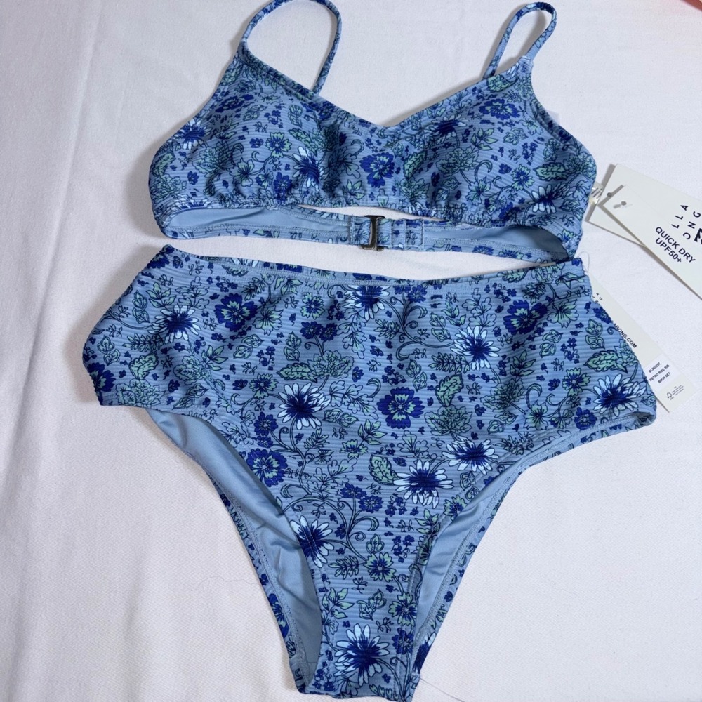 Billabong Retro Rise Rib Bikini Medium Blue Floral High Waist 2 Piece Swimsuit